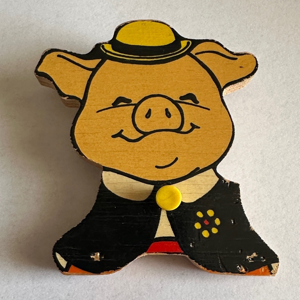 Vintage Wooden Pig Pin with Yellow Hat and Black Jacket